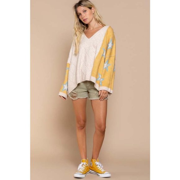 NEW POL Dandelion Blue Star Diamond Knit Color Block V Neck Oversized Sweater - Picture 7 of 11